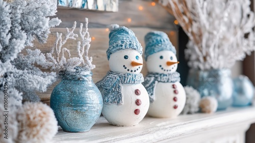 Icy blue decorations on a winter mantlepiece with snowmen figurines. photo