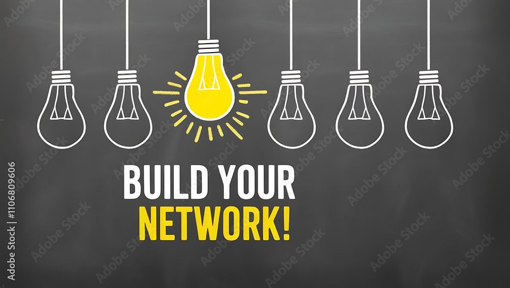 Chalkboard Style Design with Light Bulb Outlines and 'BUILD YOUR NETWORK!' Motivational Text, network growth, building network, network connectivity, digital network, team building Chalkboard Style Design with Light Bulb Outlines and 'BUILD YOUR NETWORK!' Motivational Text, network growth, building network, network connectivity, digital network, team building