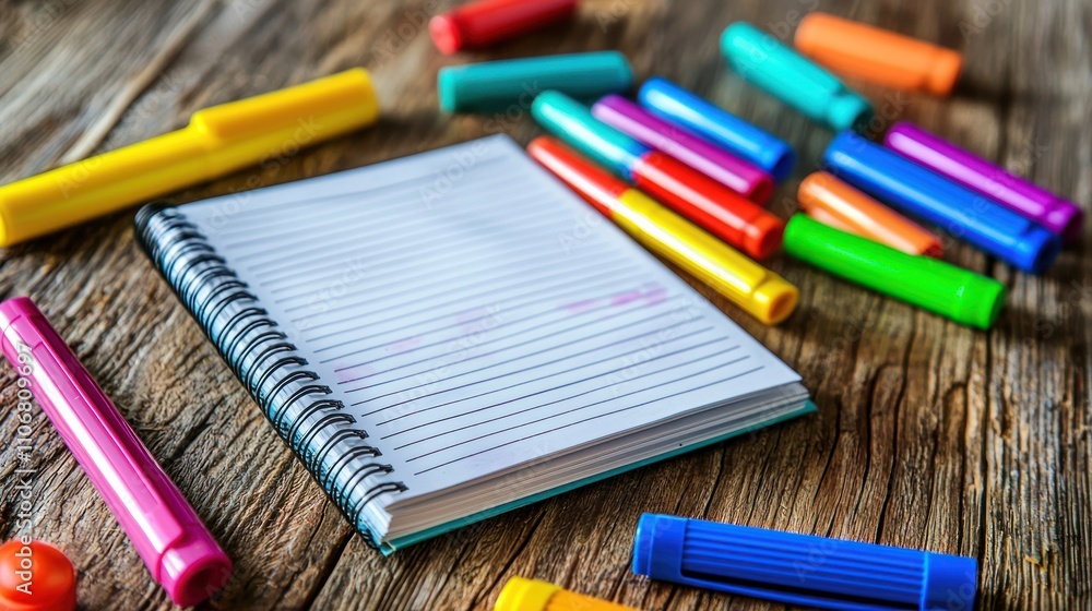 Activity book with kids drawing or solving puzzles, surrounded by colorful markers Activity book with kids drawing or solving puzzles, surrounded by colorful markers