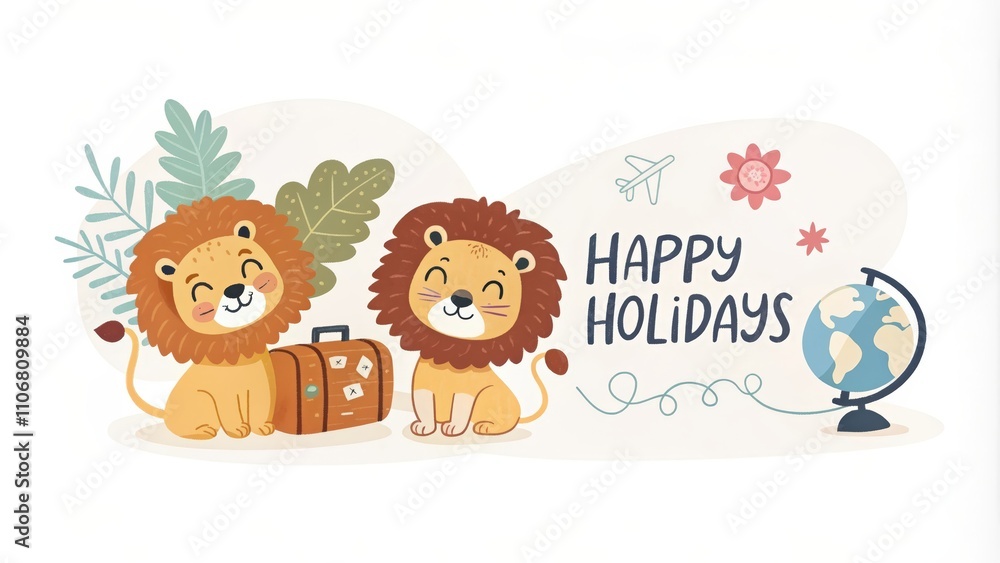 cute cartoon lion with happy holidays background cute cartoon lion with happy holidays background