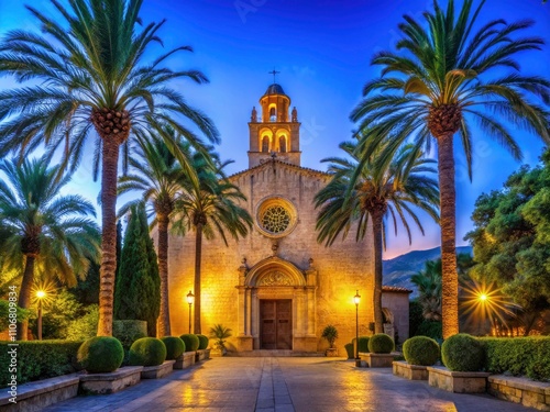 Esgesia Nova Evening Service in Son Servera, Mallorca â€“ Illuminated Church, Palm Tree Entrance, Low Light Photography, Blue Hour Stars