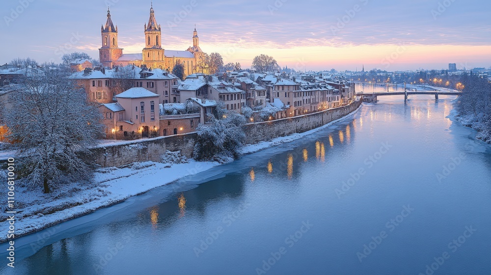 Fototapeta premium A serene winter landscape featuring a riverside town with snow-covered buildings and a church.