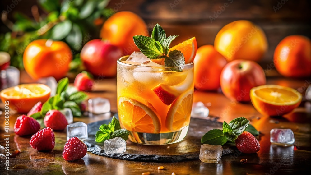 Captivating Vibrant Orange Mocktail in a Glass with Fresh Fruit Garnish and Ice Cubes Showcased in Tilt-Shift Photography Style for Refreshing Beverage Imagery Captivating Vibrant Orange Mocktail in a Glass with Fresh Fruit Garnish and Ice Cubes Showcased in Tilt-Shift Photography Style for Refreshing Beverage Imagery