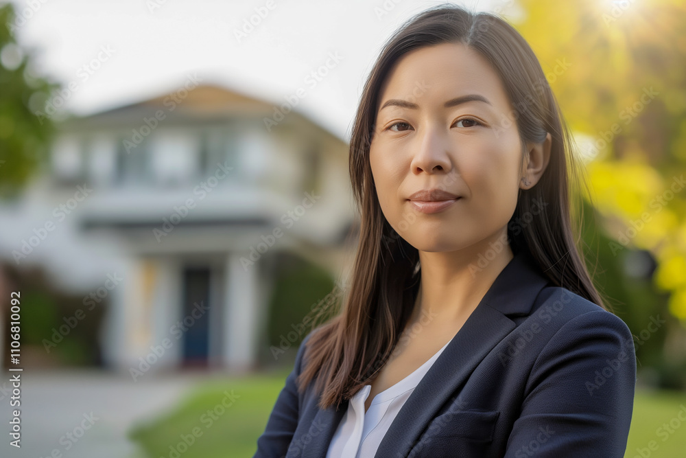 Confident Asian female adult standing outside suburban home Confident Asian female adult standing outside suburban home