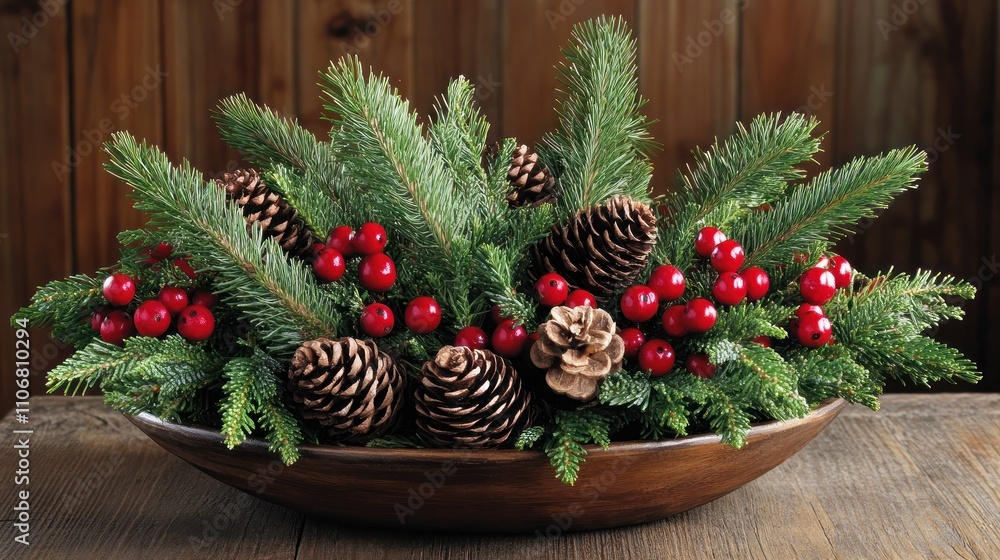 Holly sprigs mixed with pinecones, creating a holiday-themed centerpiece. Holly sprigs mixed with pinecones, creating a holiday-themed centerpiece.