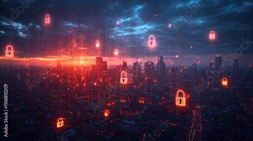 A digital cityscape with holographic padlock icons floating above symbolizes the security of connected urban environments and the role of technology in ensuring safety