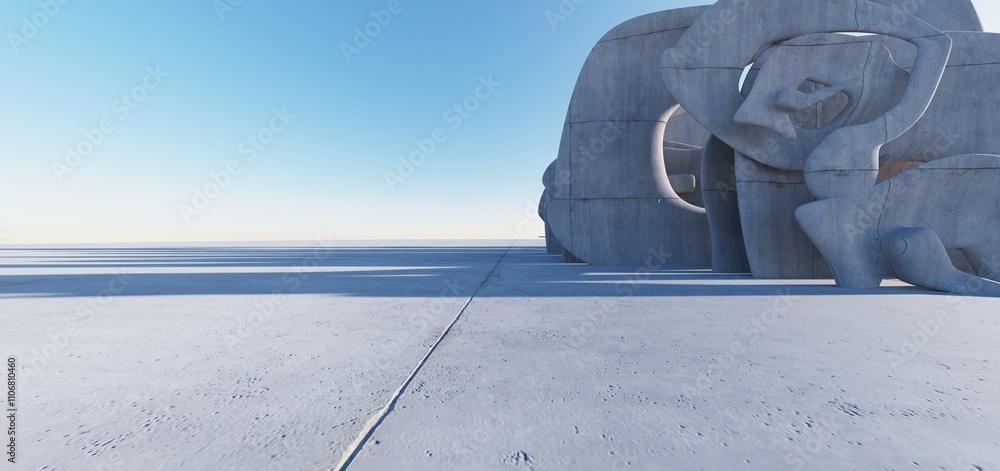 3d render of abstract futuristic architecture with concrete floor.