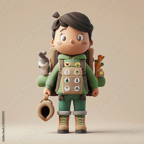 A cartoon character embodies an environmental science teacher, equipped with a backpack adorned with plant and animal icons, ready for outdoor adventures in a tranquil environment photo