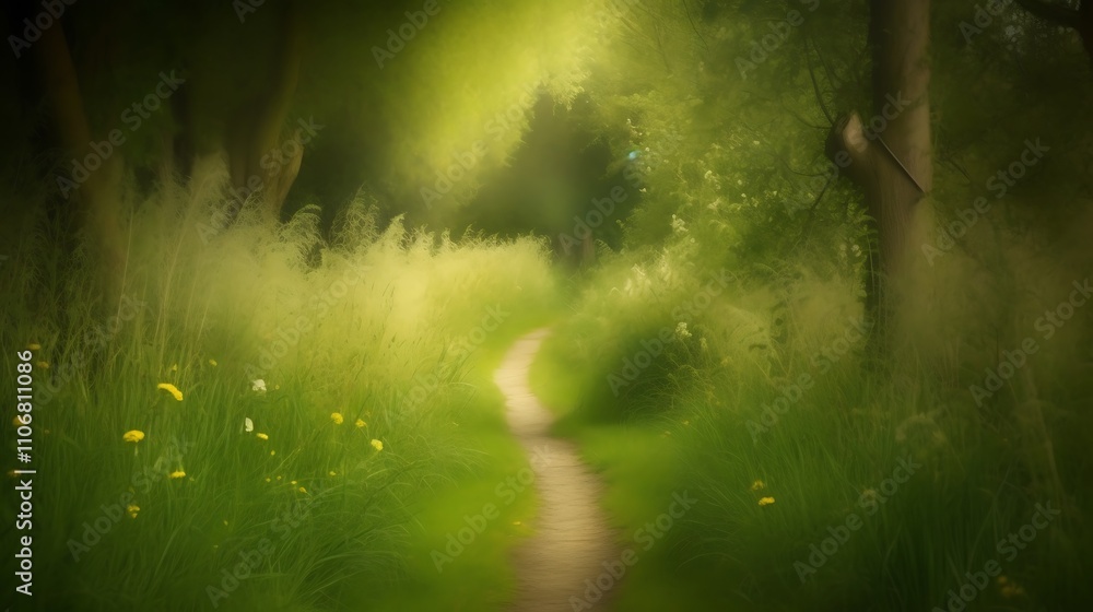 Serene Path Through Lush Green Summer Forest Serene Path Through Lush Green Summer Forest