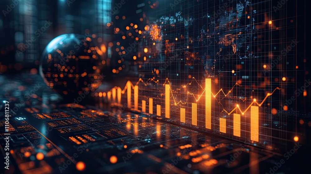 Fototapeta premium A digital depicts upward arrows symbolizing global stock market growth, with a globe and laptop in the background, representing business success