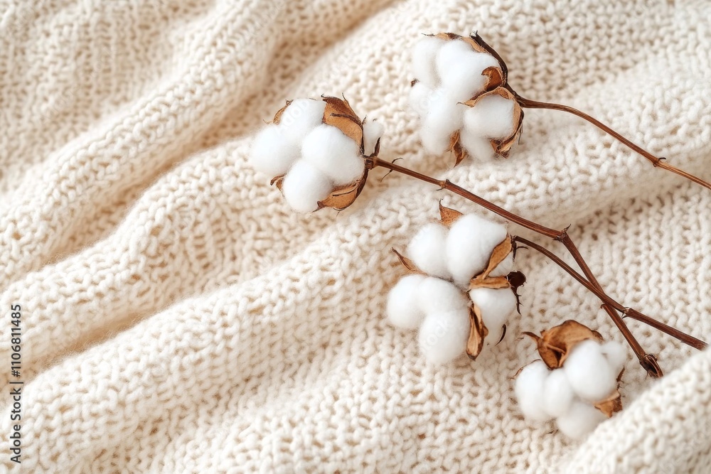 Cotton Bolls on Soft Knitted Fabric Background for Eco-Friendly Bathroom Relaxation Cotton Bolls on Soft Knitted Fabric Background for Eco-Friendly Bathroom Relaxation