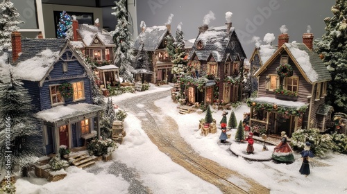 Holiday village scene with houses decorated with wreaths, snow-dusted streets, and tiny villagers