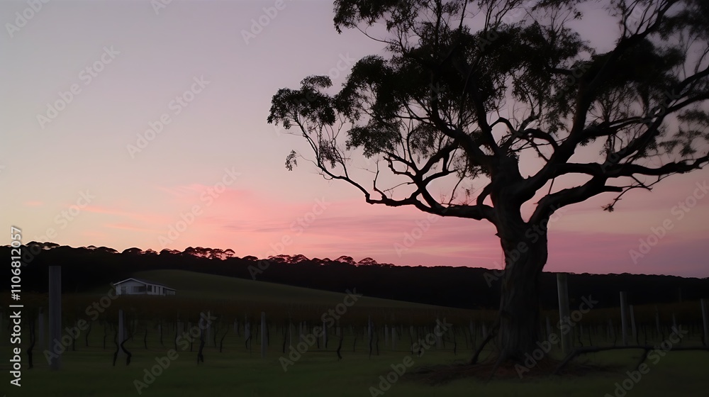 Vineyard Sunset With House And Silhouetted Tree Vineyard Sunset With House And Silhouetted Tree