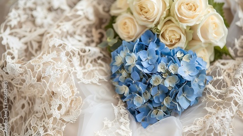 Heart shaped bouquet of blue hydrangeas and white roses on table adorned with lace photo