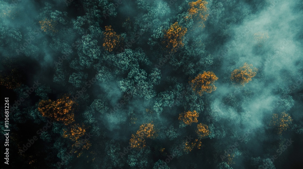 Enchanted Forest: Aerial View of Foggy Woodland in Autumn Enchanted Forest: Aerial View of Foggy Woodland in Autumn