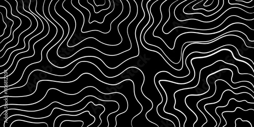Background of white lines. Thin lines, black background, waves, vector graphics, topographic lines, wallpaper with contours, abstract lines