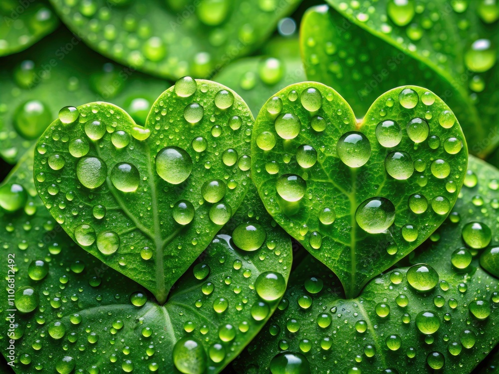 Heart-Shaped Water Drops on Green Leaf - Nature's Beauty Captured in Documentary Photography Heart-Shaped Water Drops on Green Leaf - Nature's Beauty Captured in Documentary Photography