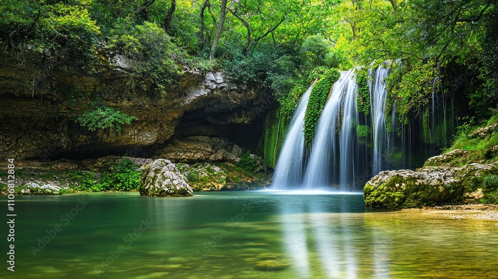 Beautiful waterfall surrounded by greenery and natural rock formations Beautiful waterfall surrounded by greenery and natural rock formations