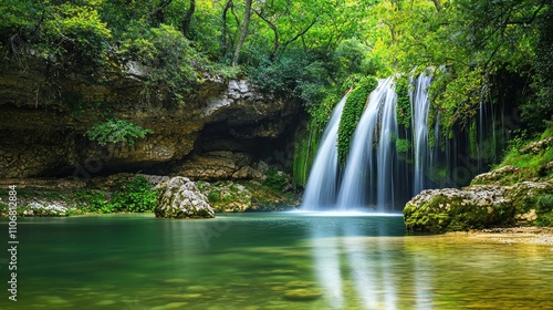 Beautiful waterfall surrounded by greenery and natural rock formations
