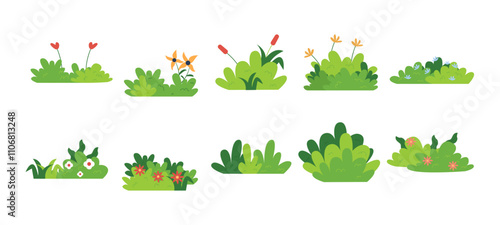 Set of collection bush on white background. Green bush blossom. Green grass set Flat Vector illustration