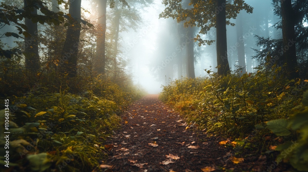 Fototapeta premium Misty Path Through a Foggy Forest