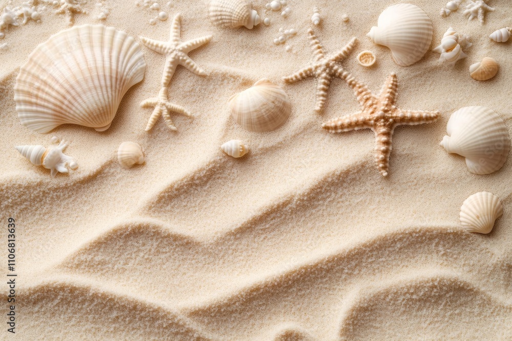 Sandy Beach Texture with Seashells and Starfish Natural Background for Travel and Vacation Sandy Beach Texture with Seashells and Starfish Natural Background for Travel and Vacation