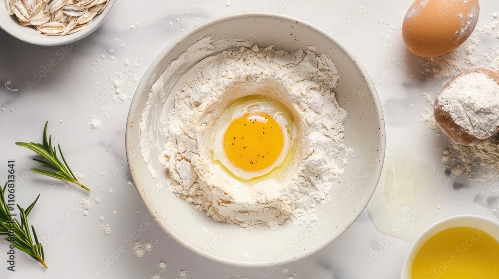 Yolk mixed with flour in bowl with dough ingredients on white table flat lay Yolk mixed with flour in bowl with dough ingredients on white table flat lay