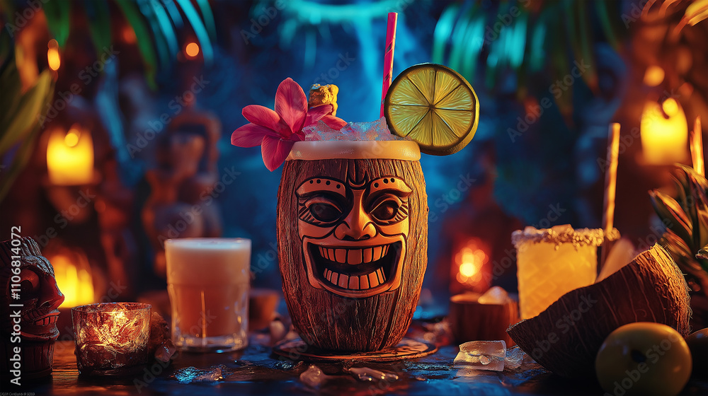 Fototapeta premium Tropical tiki cocktail served in an exotic wooden mug