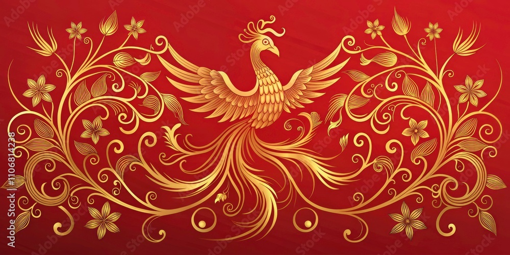 Luxury Festival Card Decorative Art Design Vector with Continuous Vine Phoenix Line Art on Red Background for Covers, Greeting Cards, Prints, Posters, and Wall Art Luxury Festival Card Decorative Art Design Vector with Continuous Vine Phoenix Line Art on Red Background for Covers, Greeting Cards, Prints, Posters, and Wall Art