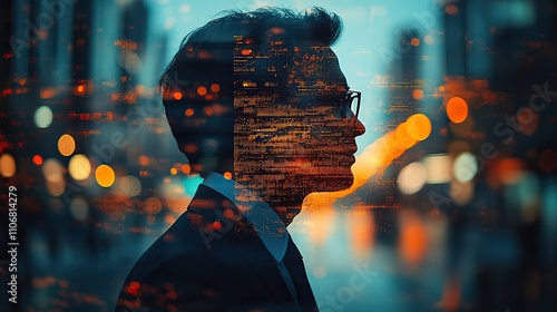 A double exposure image captures a businessman working on a blank laptop screen, symbolizing technology in modern business