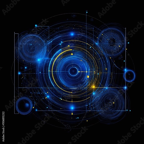 Abstract Digital Circle Design with Bright Points and Grids for Technology or Sci-Fi Background