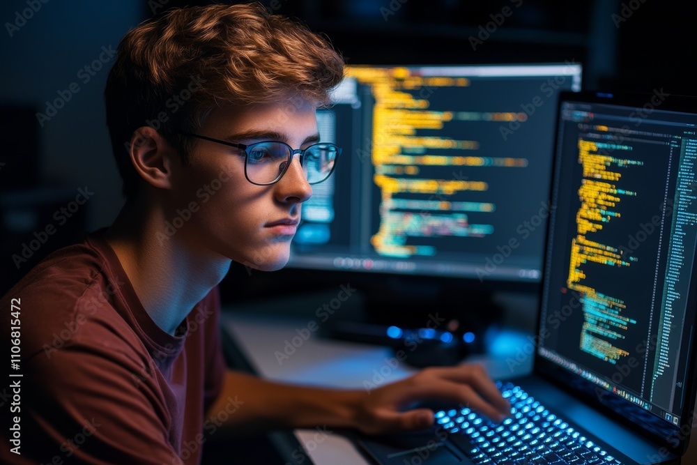 Young Programmer Writing Code at Home Office with Multiple Screens in Modern Workspace Young Programmer Writing Code at Home Office with Multiple Screens in Modern Workspace