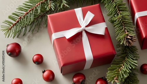 Christmas Gift Presents with Red Wrapping and White Ribbon Bow Decorated with Pine Branches and Red Berries photo