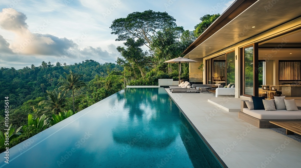 Luxury Villa with Infinity Pool Overlooking Lush Tropical Landscape: A stunning infinity pool seamlessly blends with the horizon, offering breathtaking views of the verdant jungle and dramatic sky. Luxury Villa with Infinity Pool Overlooking Lush Tropical Landscape: A stunning infinity pool seamlessly blends with the horizon, offering breathtaking views of the verdant jungle and dramatic sky.