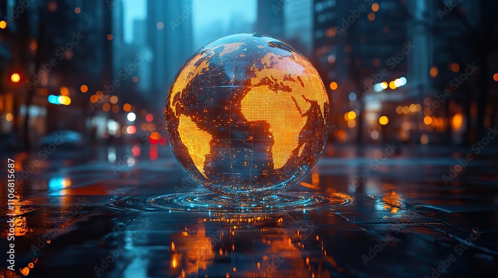 A double exposure of a digital globe and a glass high-rise building represents global business A double exposure of a digital globe and a glass high-rise building represents global business