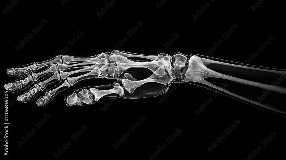 Naklejka premium An X-ray image of a human hand, showcasing the bones and structure for medical analysis.