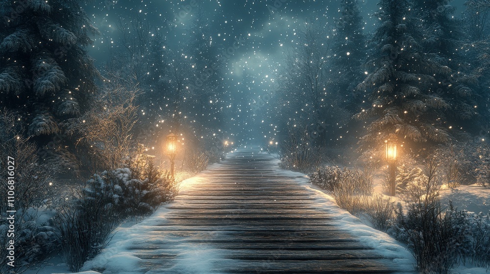 A serene winter scene featuring a snowy pathway illuminated by lanterns in a forest. A serene winter scene featuring a snowy pathway illuminated by lanterns in a forest.