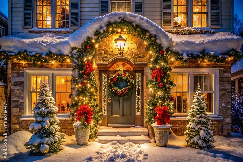 Charming Exterior of a House Adorned with a Light-Up Christmas Archway, Wreaths, Garlands, and Glowing Snowflakes, Capturing the Spirit of Christmas and New Year Celebrations Charming Exterior of a House Adorned with a Light-Up Christmas Archway, Wreaths, Garlands, and Glowing Snowflakes, Capturing the Spirit of Christmas and New Year Celebrations