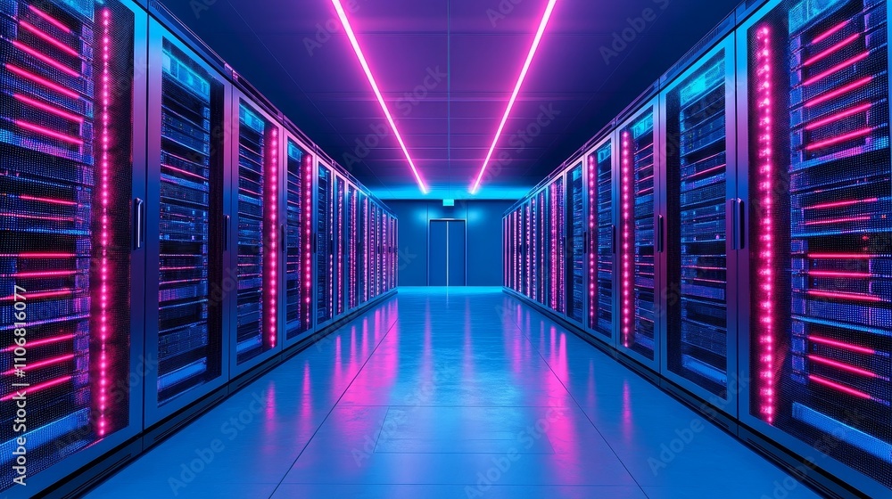 Fototapeta premium Rows of Servers in a Modern Data Center with Pink and Blue Neon Lighting