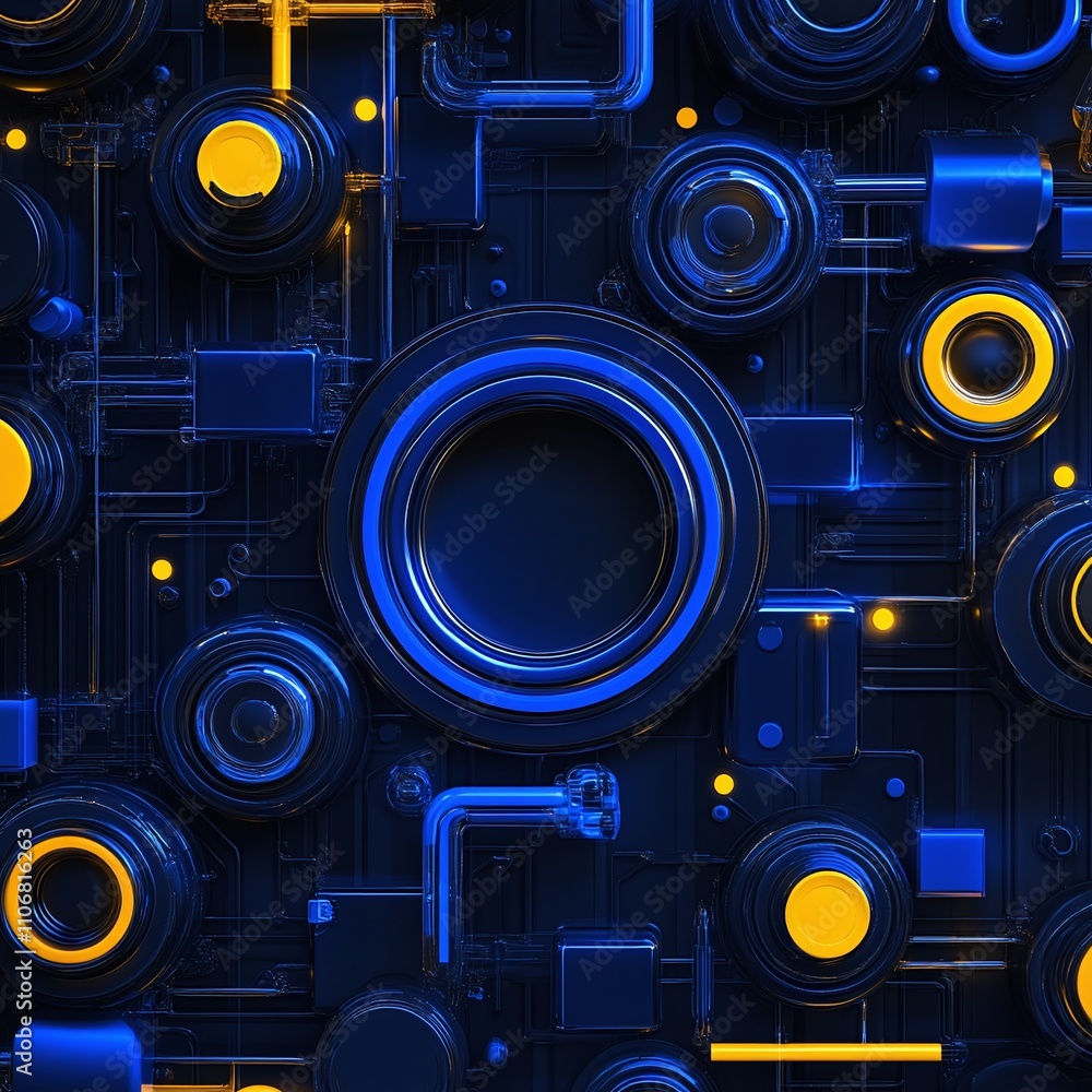Abstract futuristic design featuring vibrant blue and yellow circular patterns and intricate lines on a dark background Abstract futuristic design featuring vibrant blue and yellow circular patterns and intricate lines on a dark background