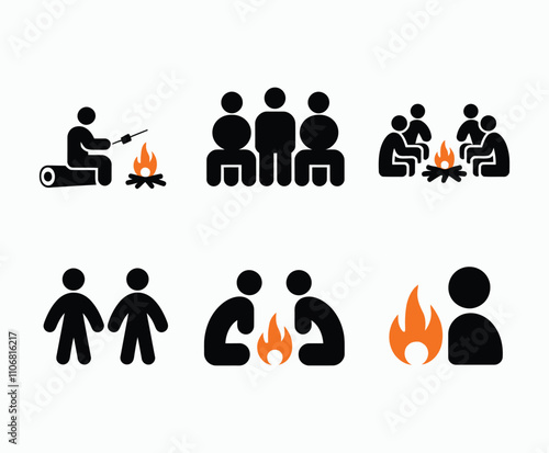 Group of People Around Bonfire Silhouette Vector Template