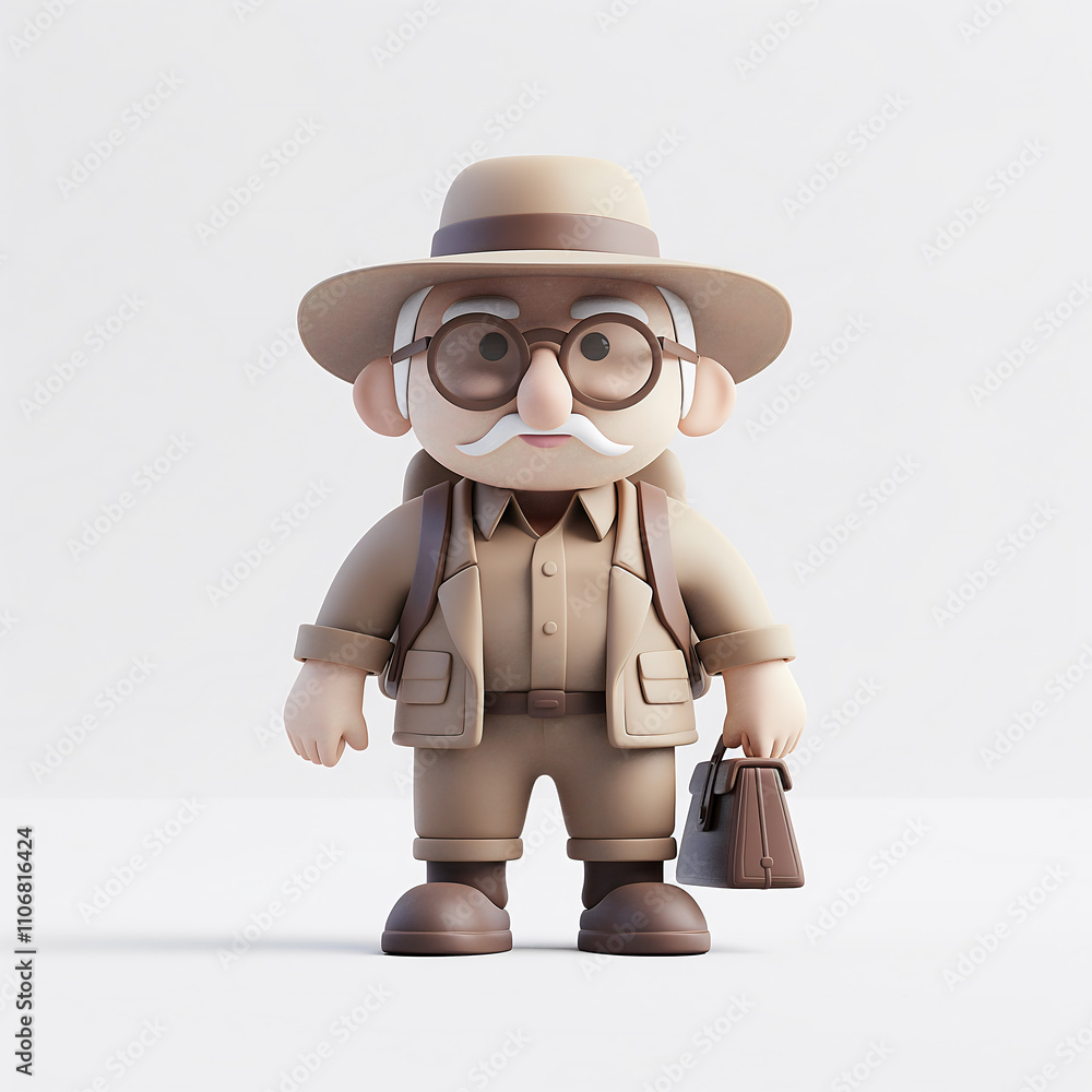 A cartoon archaeology professor stands confidently in a muted earth tone outfit, ready for exploration. His simplified design suggests curiosity and adventure without any artifacts present A cartoon archaeology professor stands confidently in a muted earth tone outfit, ready for exploration. His simplified design suggests curiosity and adventure without any artifacts present