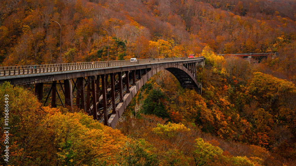 Hakoda mountain and Jogakura bridge view in Japan, famous travel destinations in autumn and fall season. Color of nature, season and leaf. An aerial view of maple tree, fantasy landscaped discovery. Hakoda mountain and Jogakura bridge view in Japan, famous travel destinations in autumn and fall season. Color of nature, season and leaf. An aerial view of maple tree, fantasy landscaped discovery.