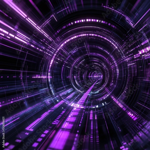 Abstract Futuristic Digital Tunnel with Purple and Blue Light Trails Creating a Sense of Speed and Movement