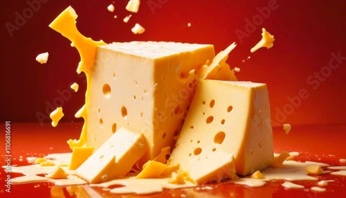 Delicious Swiss Cheese Block Splash Dairy Food Red Background