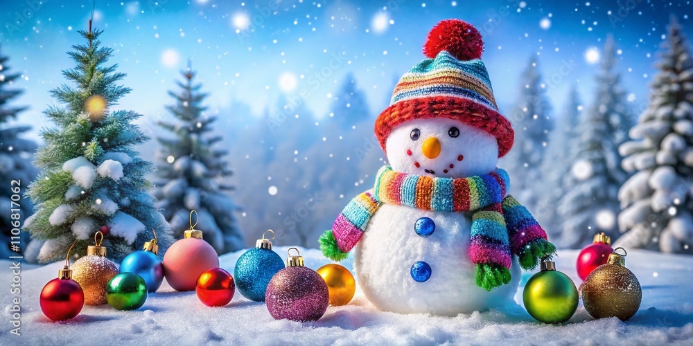 Charming Snowman Dressed in a Festive Hat Surrounded by Shiny Christmas Ornaments in a Winter Wonderland Setting, Perfect for Holiday-Themed Imagery and Celebrations Charming Snowman Dressed in a Festive Hat Surrounded by Shiny Christmas Ornaments in a Winter Wonderland Setting, Perfect for Holiday-Themed Imagery and Celebrations