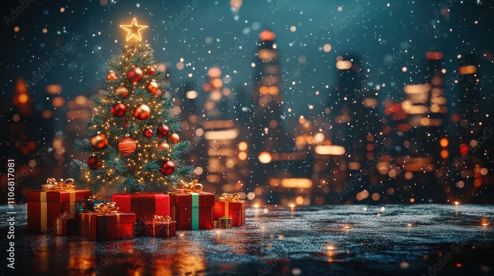Christmas tree with gifts and blurry city skyline in the background Christmas tree with gifts and blurry city skyline in the background