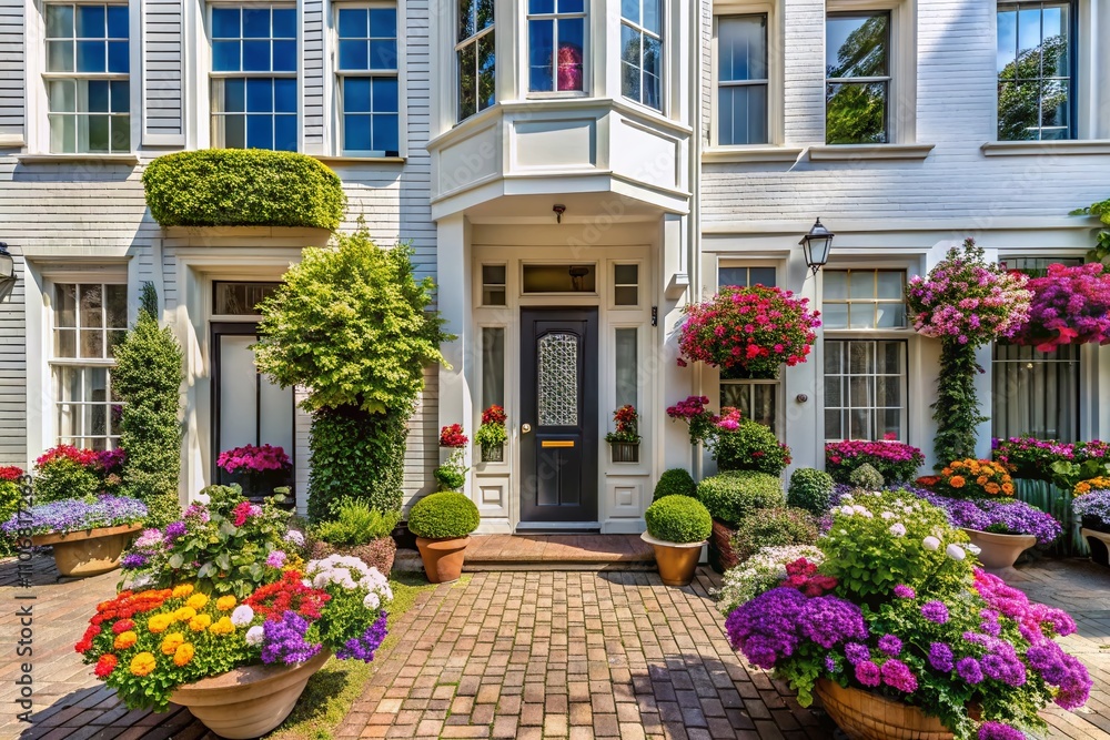 Charming Townhouse Exterior Featuring a Bright White Front Door and Elegant Bay Windows in a Quaint Neighborhood Setting with Lush Greenery and Beautiful Landscaping Charming Townhouse Exterior Featuring a Bright White Front Door and Elegant Bay Windows in a Quaint Neighborhood Setting with Lush Greenery and Beautiful Landscaping