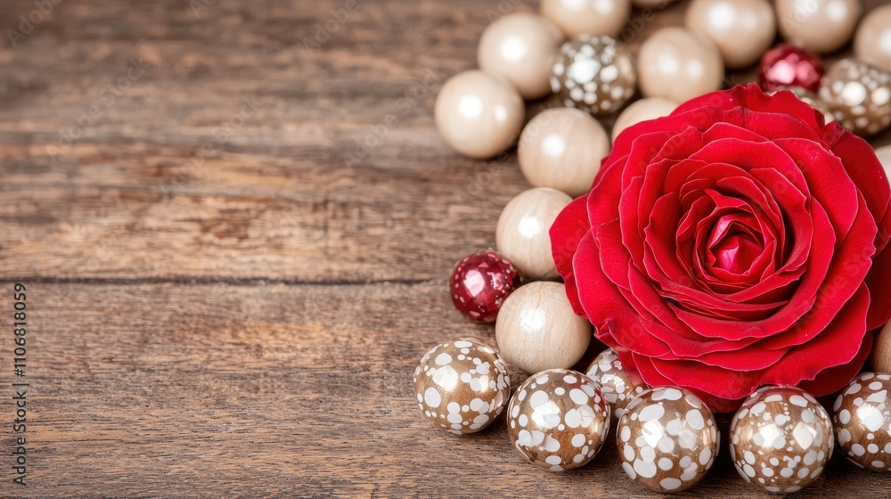 Romantic Red Rose with Beige Ornaments on Rustic Wood Romantic Red Rose with Beige Ornaments on Rustic Wood