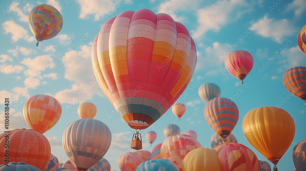 Obraz premium Colorful Hot Air Balloons Festival: A breathtaking view of numerous vibrantly colored hot air balloons gracefully floating against a serene, sunny sky. Captivating scene of a hot air balloon festival.